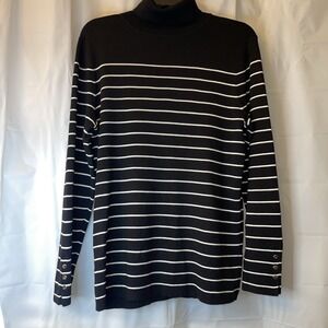 Chico's Women's Sweater Sz 2 Black & White Stripe Turtleneck Lightweight Classic